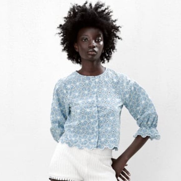 Zara Blue Floral Openwork Embroidery Shirt - Picture 2 of 8